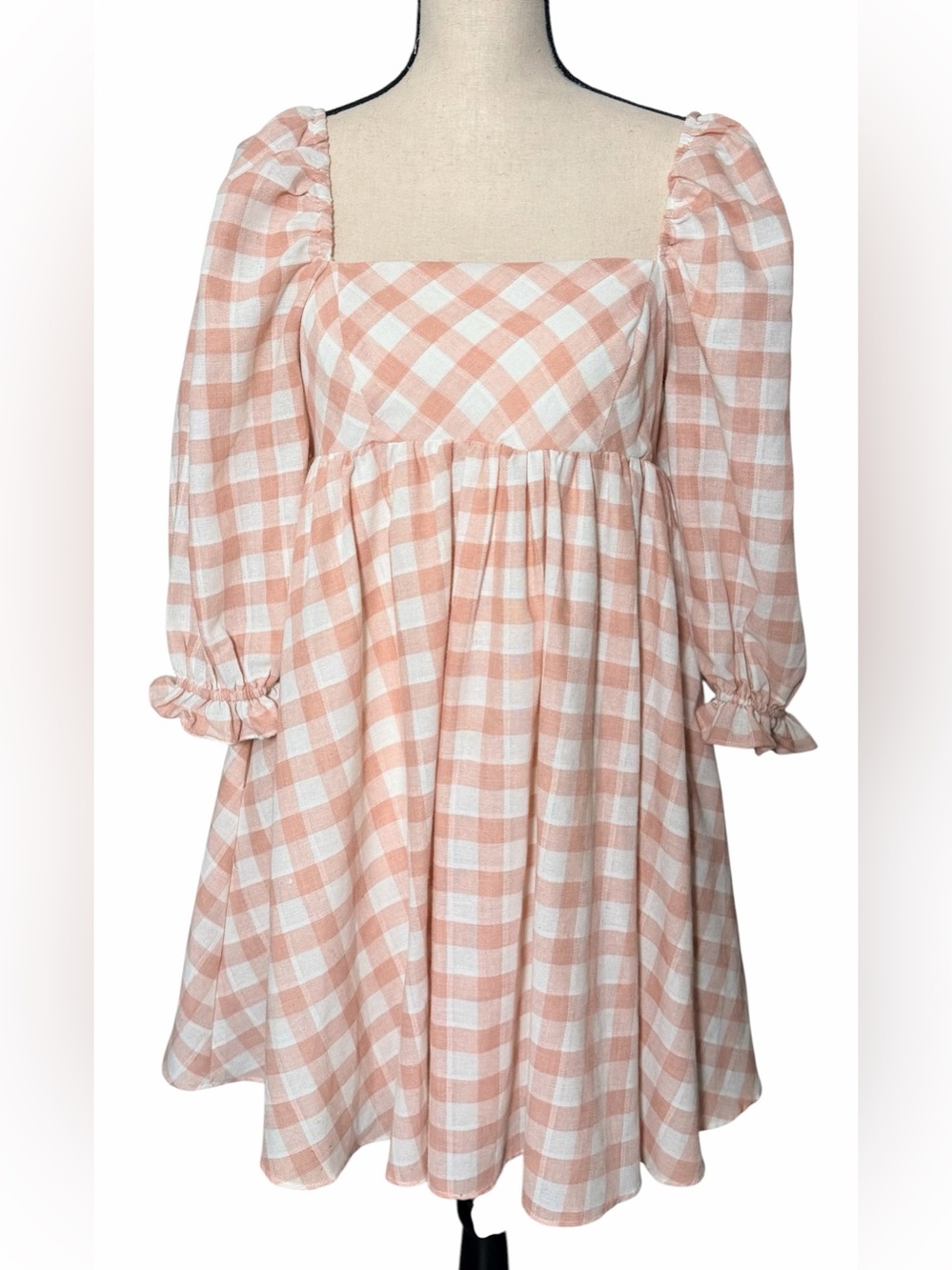 Storia "Jolene" Gingham Babydoll Mini Dress Puff Sleeve Pink White Size Small